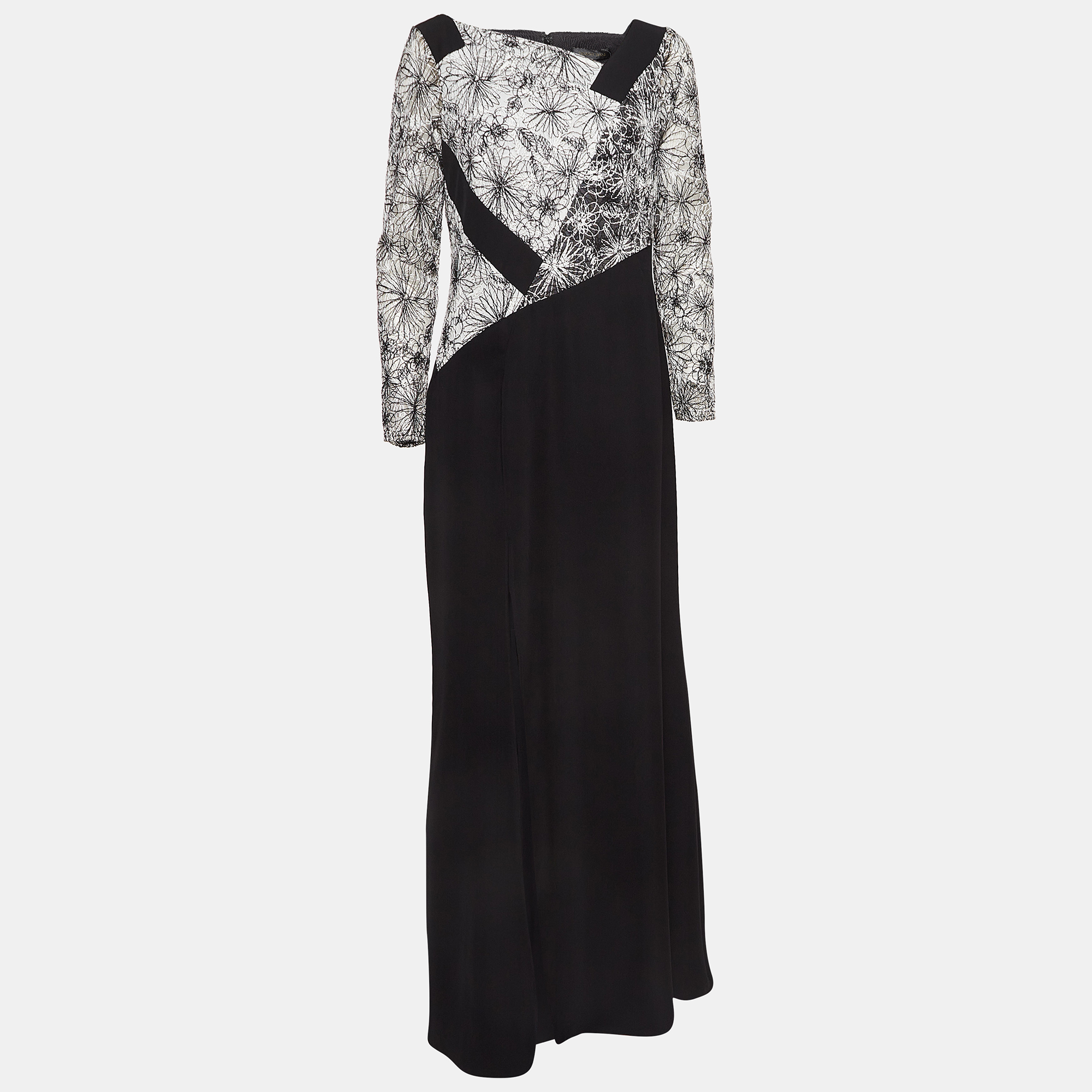 

Tadashi Shoji Black/White Floral Embroidered Tulle and Crepe Maxi Dress L