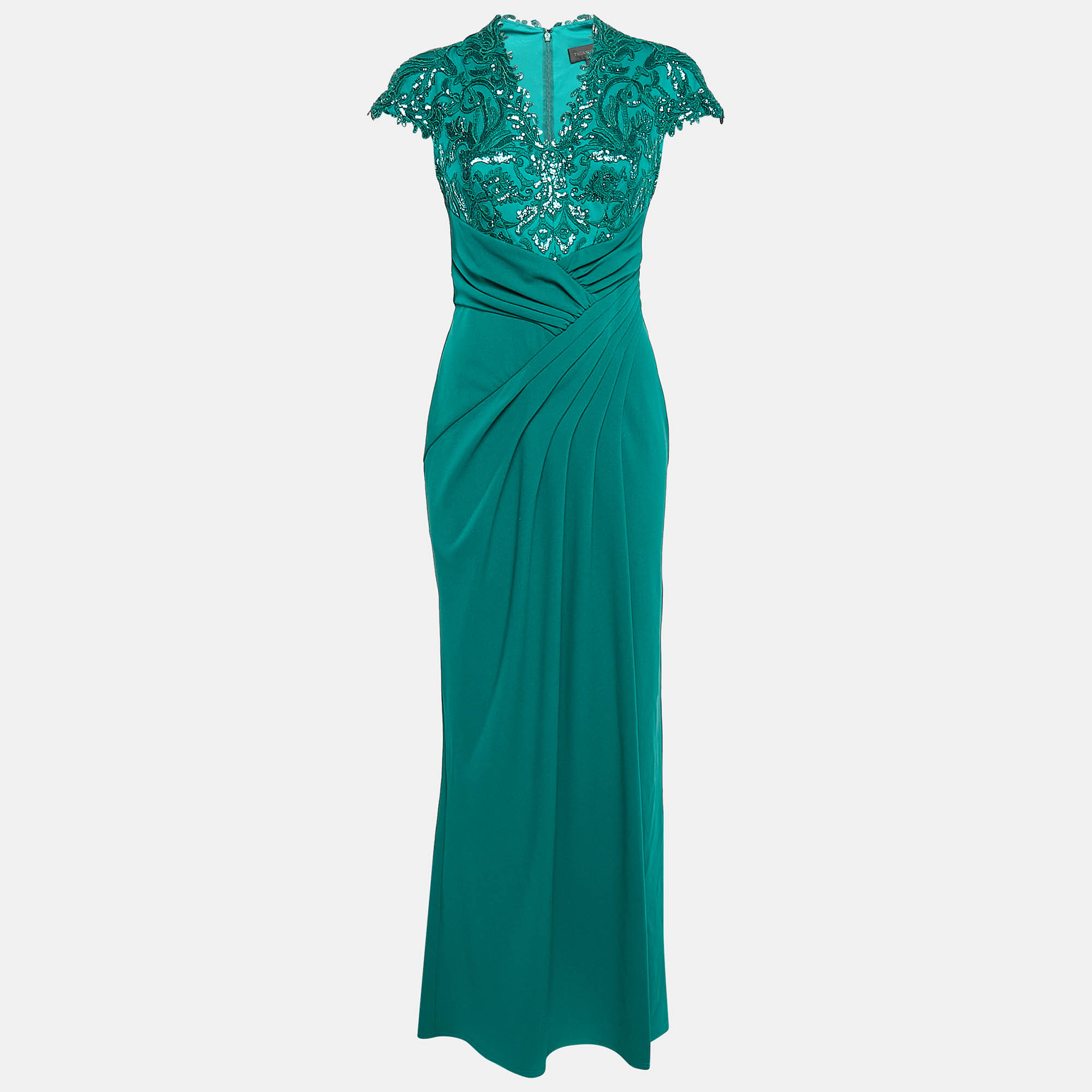 

Tadashi Shoji Emerald Green Percy Sequin Jersey Drape Gown S