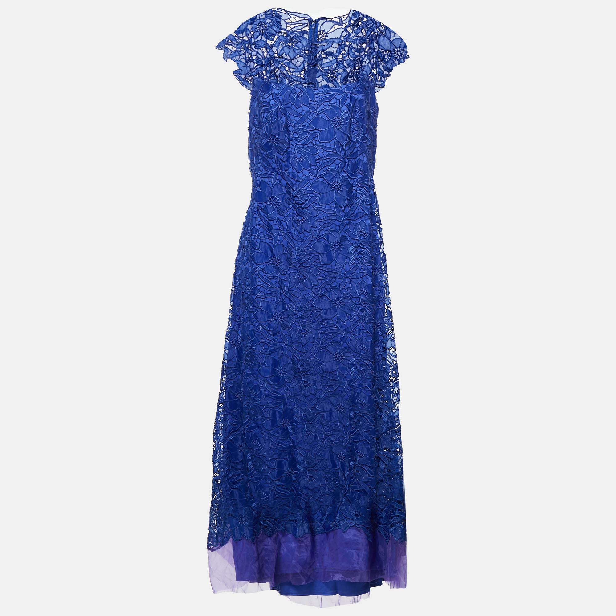 

Tadashi Shoji Blue Floral Lace Cap Sleeve Gown L