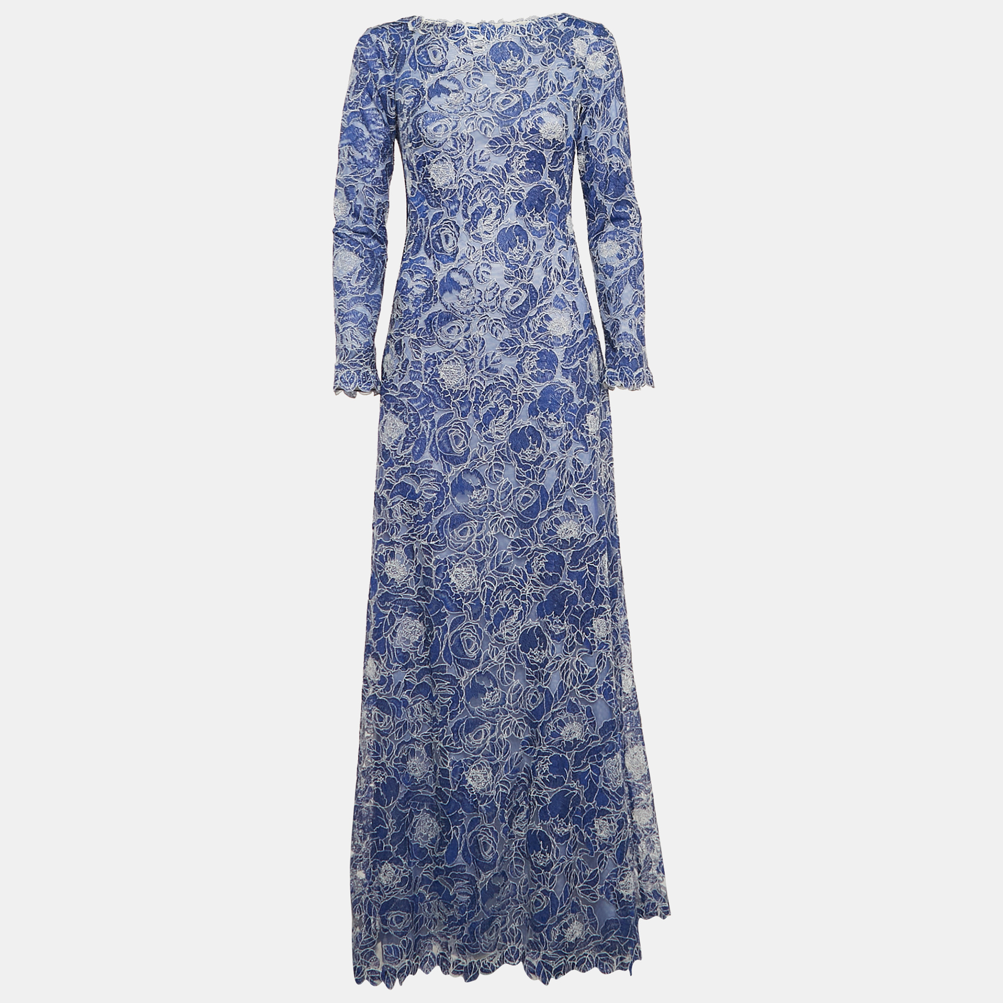 

Tadashi Shoji Blue Rose Embroidered Mesh Maxi Dress S