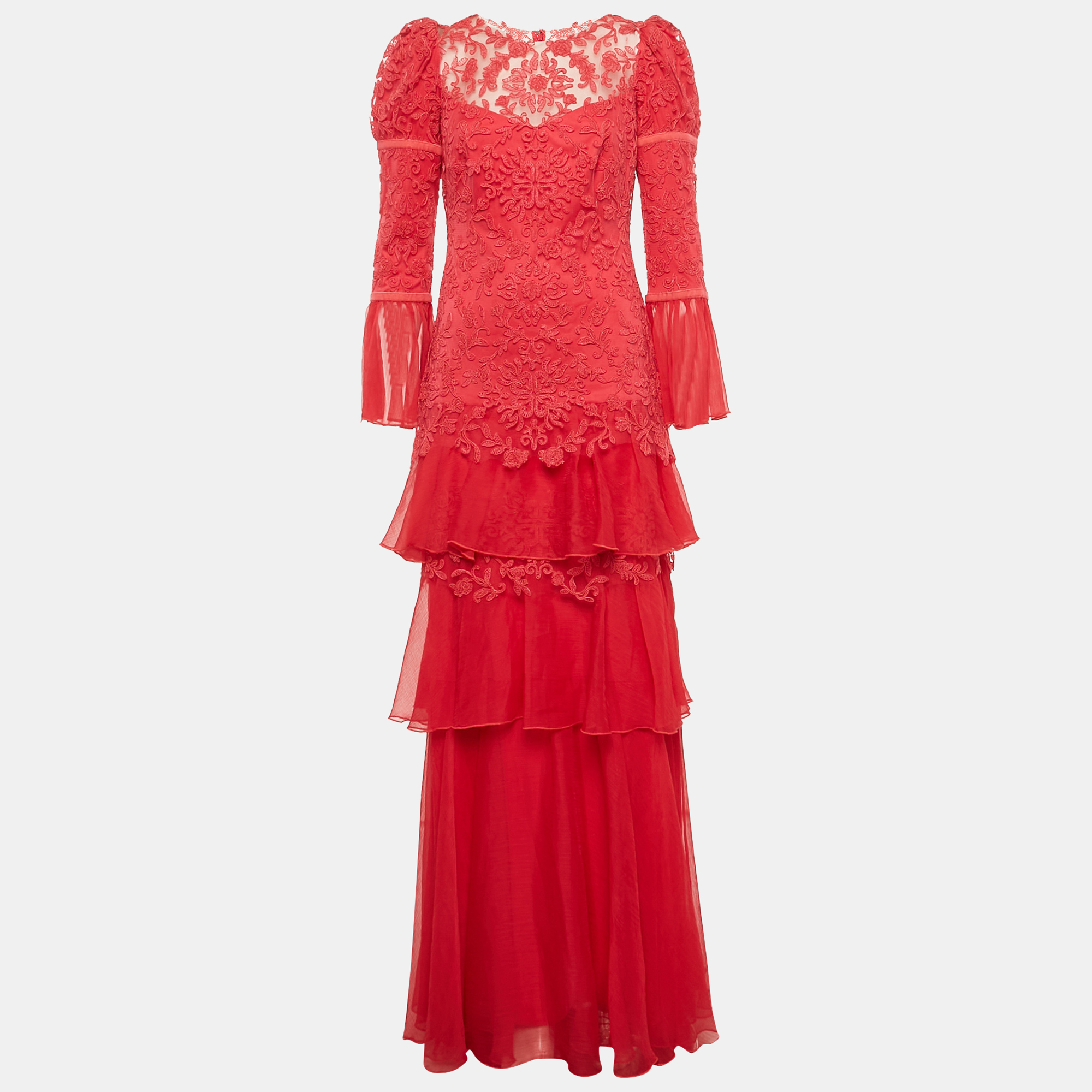 

Tadashi Shoji Pink Chiffon and Tulle Tiered Moreau Gown S