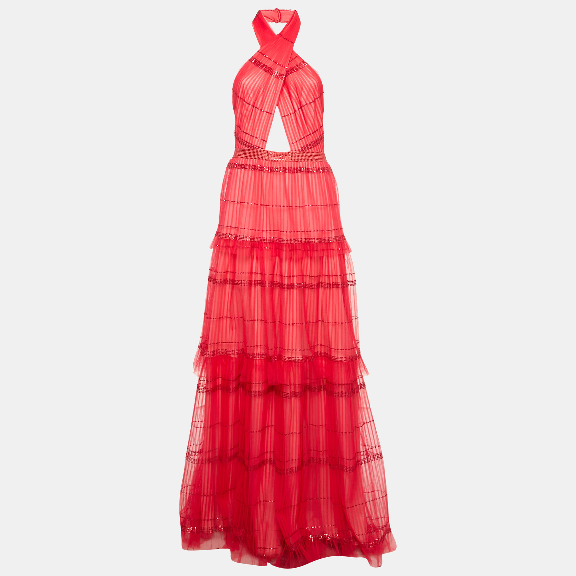 

Tadashi Shoji Red Sequin Tulle Halter Neck Tiered Gown M