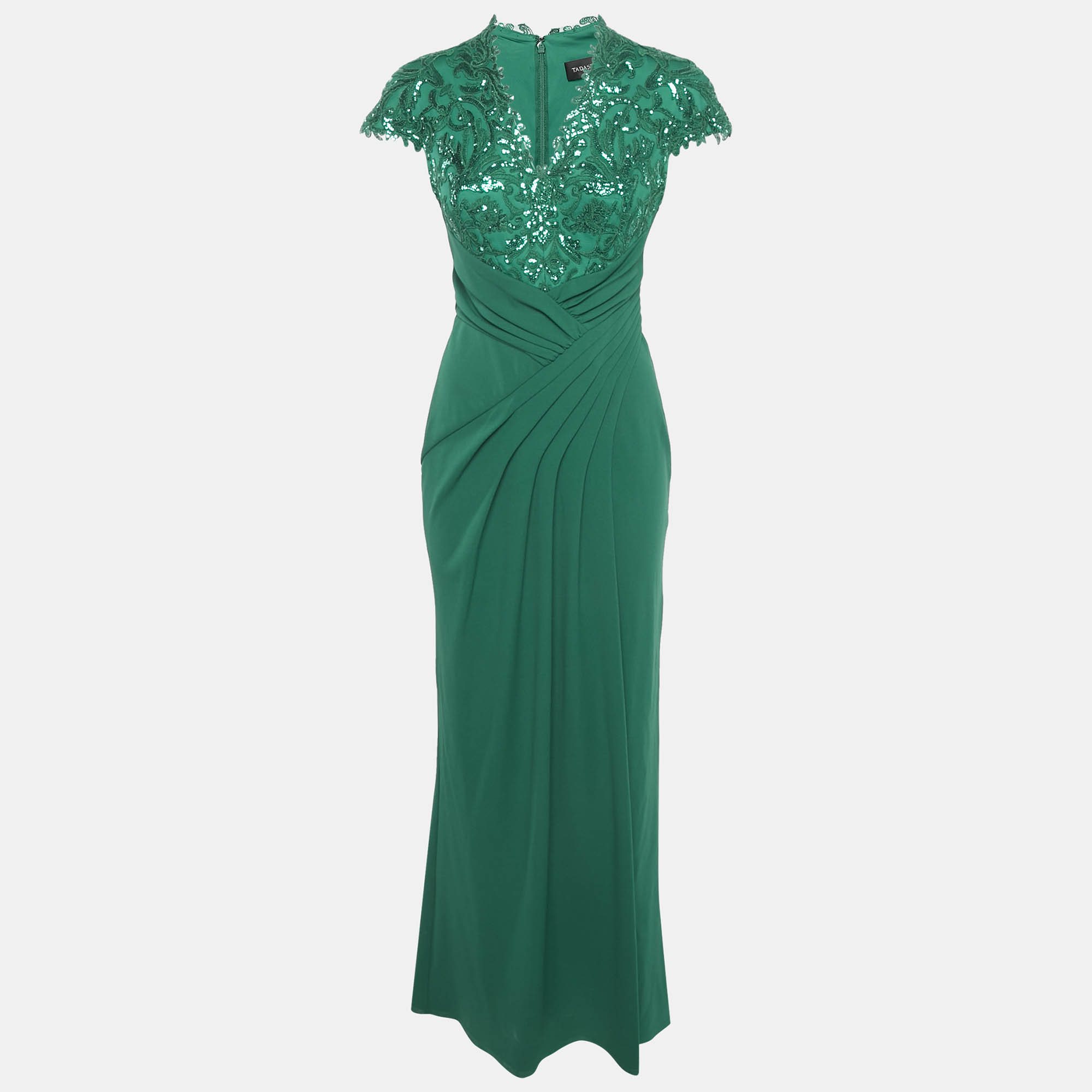 

Tadashi Shoji Emerald Green Sequin Tulle and Jersey Gown S