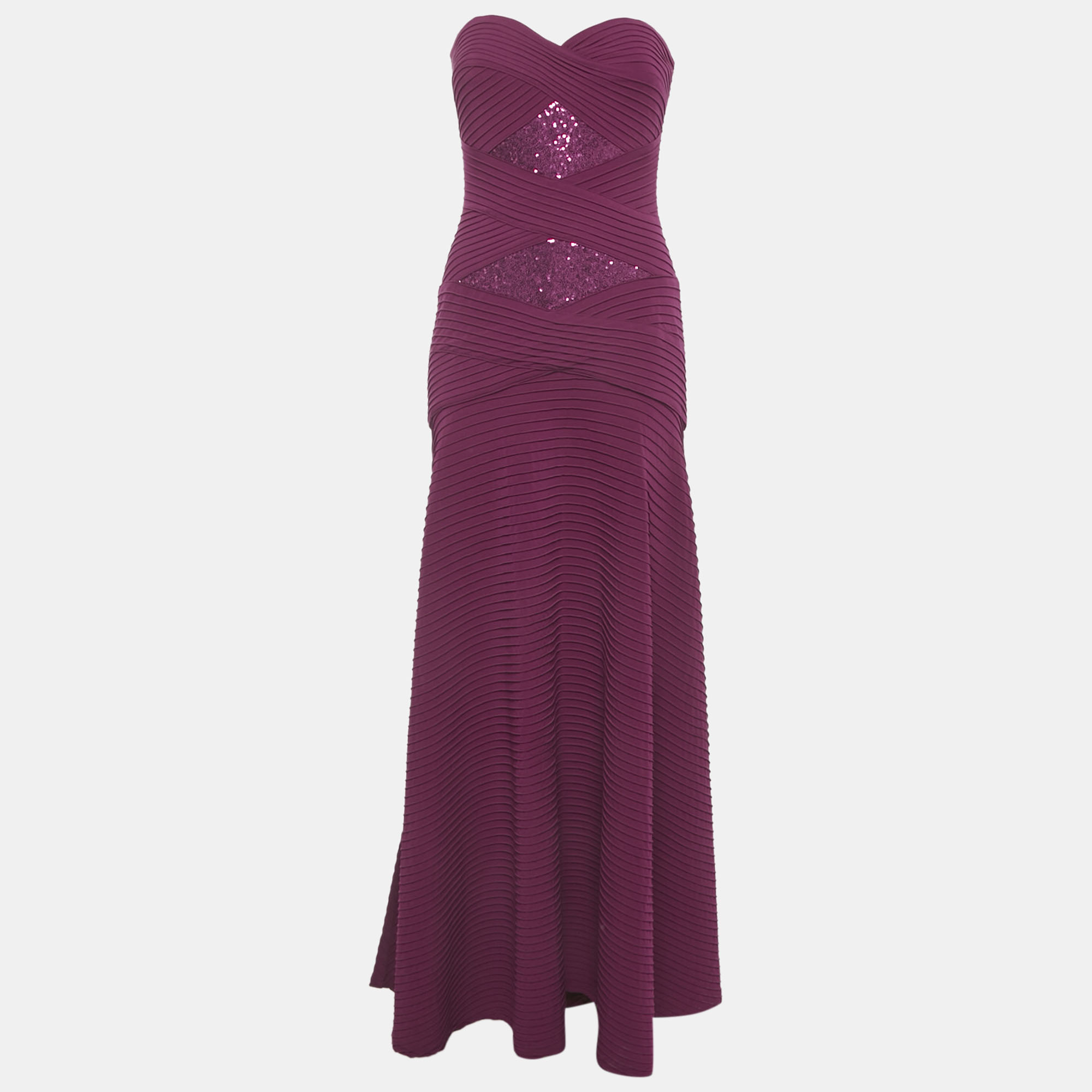 Pre-owned Tadashi Shoji Burgundy Sequin Embellished Jersey Strapless Gown Xs