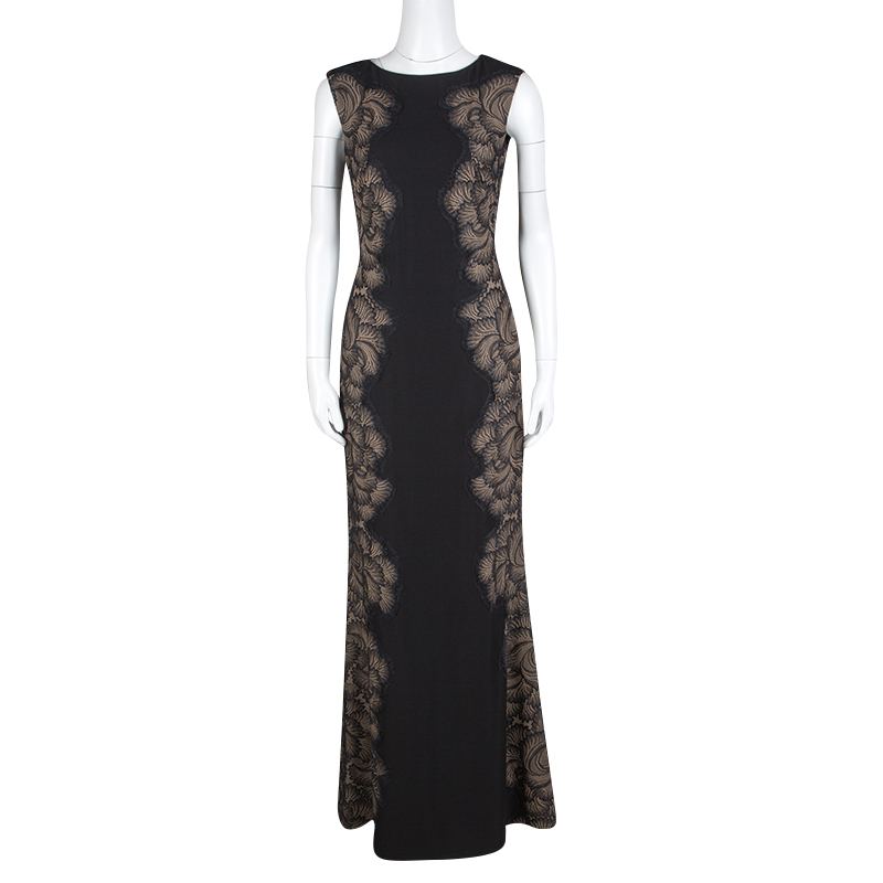 

Tadashi Shoji Black Lace Applique Side Panel Detail Sleeveless Gown