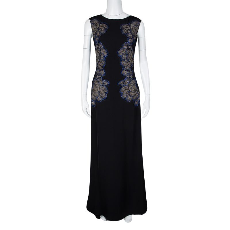 

Tadashi Shoji Black Lace Applique Side Panel Detail Embellished Sleeveless Gown