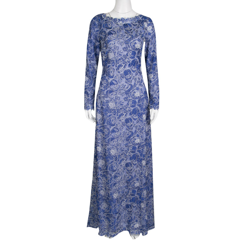 

Tadashi Shoji Blue and White Floral Embroidered Long Sleeve Gown