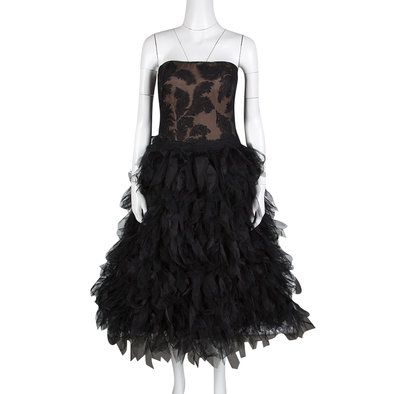 

Tadashi Shoji Black Tulle Embroidered Faux Feather Strapless Dress