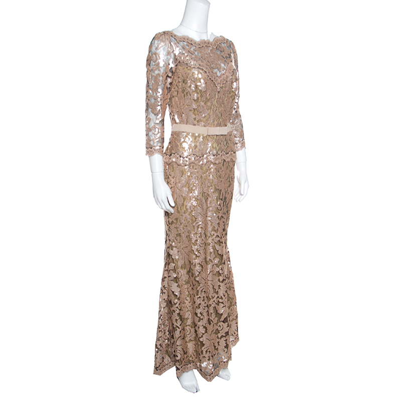 

Tadashi Shoji Pink and Black Lace Sequined Long Sleeve Boat Neck Gown