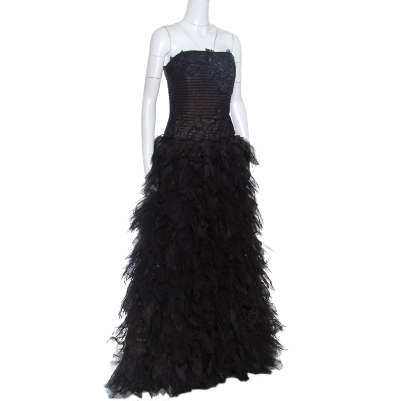 

Tadashi Shoji Black Tulle Embroidered Faux Feather Strapless Gown