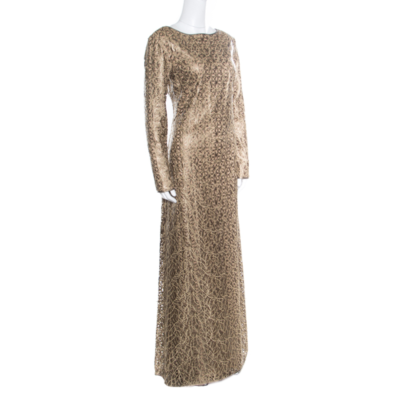 

Tadashi Shoji Gold Laser Cut Embroidered Leatherette Long Sleeve Boat Neck Gown