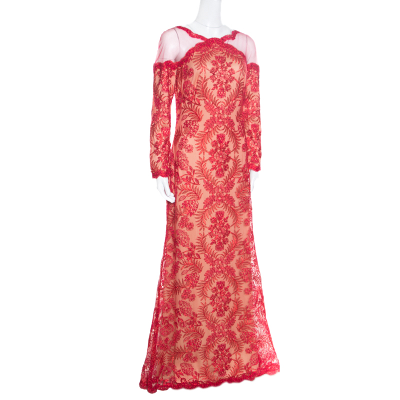 

Tadashi Shoji Red Floral Lurex Embroidered Sheer Shoulder Detail Gown