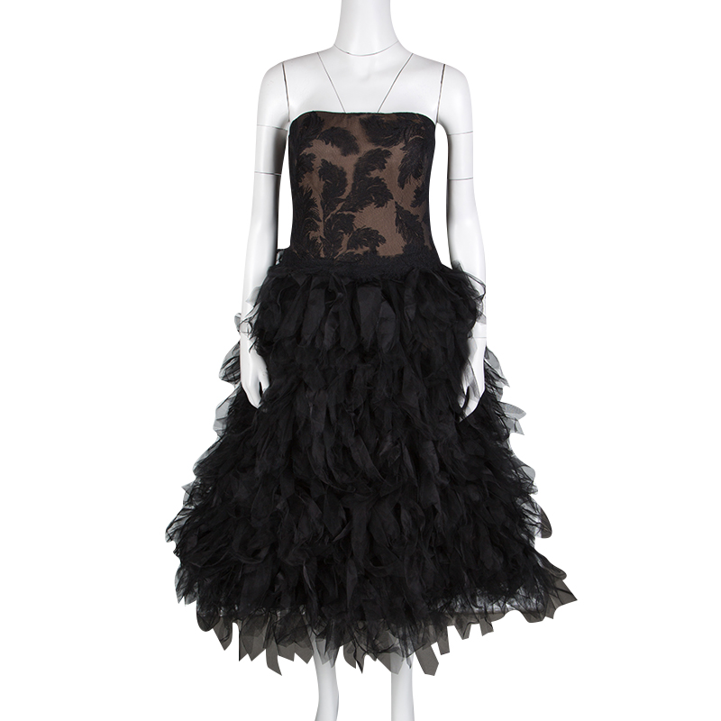 Tadashi Shoji Black Tulle Embroidered Faux Feather Strapless Dress L ...