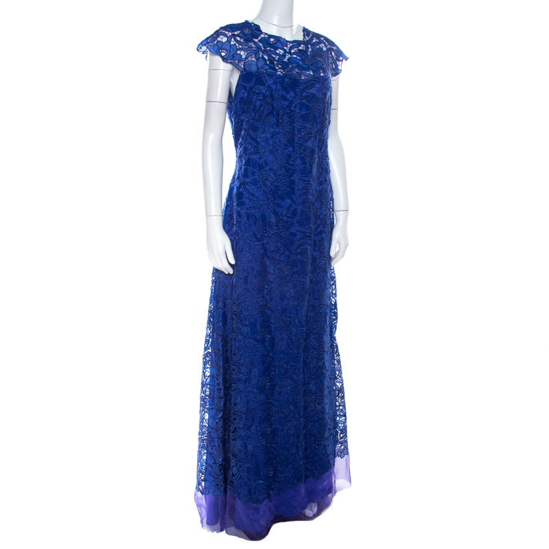 

Tadashi Shoji Royal Blue Lace Cap Sleeve Milien Evening Dress
