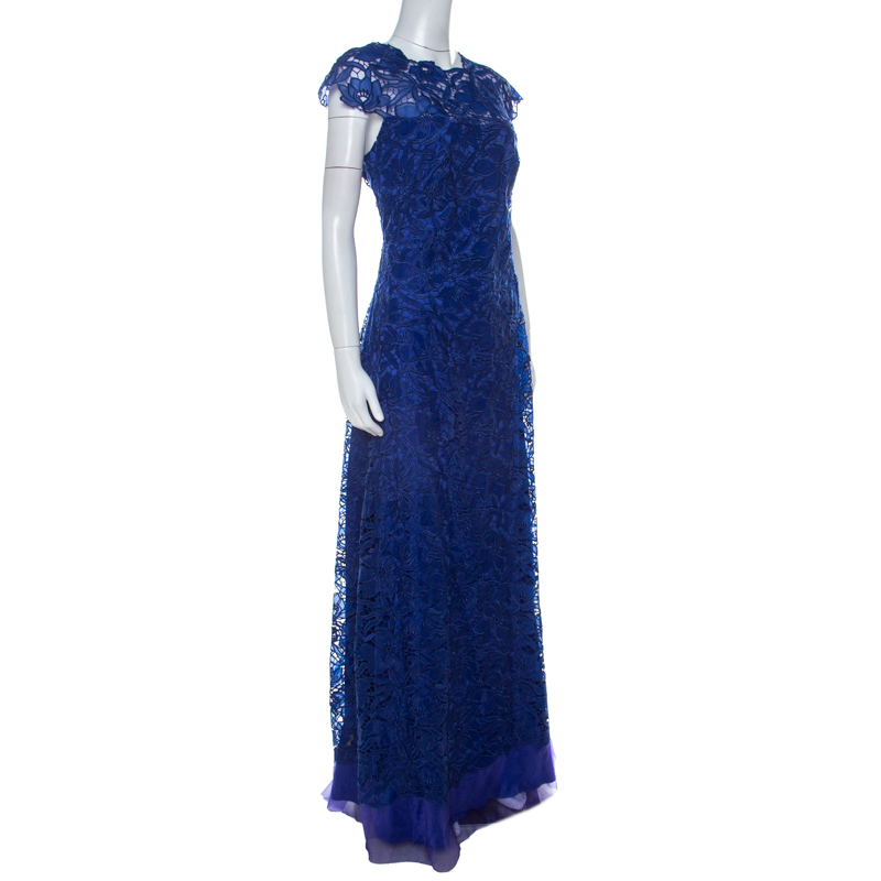 

Tadashi Shoji Royal Blue Lace Cap Sleeve Milien Evening Gown