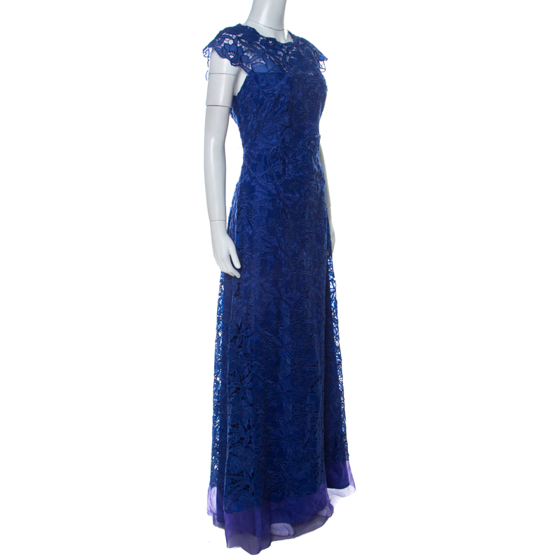 

Tadashi Shoji Royal Blue Lace Cap Sleeve Milien Evening Gown