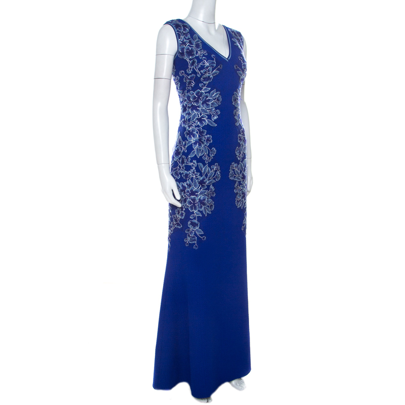 

Tadashi Shoji Blue Embroidered Applique V-Neck Matelassé Gown