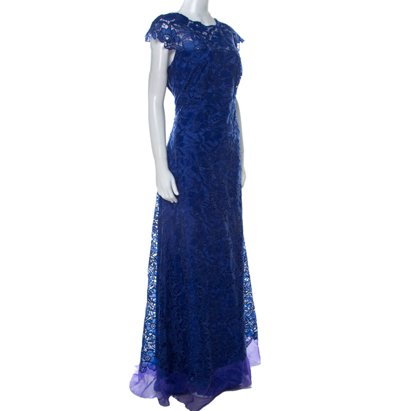 

Tadashi Shoji Royal Blue Lace Cap Sleeve Milien Evening Dress