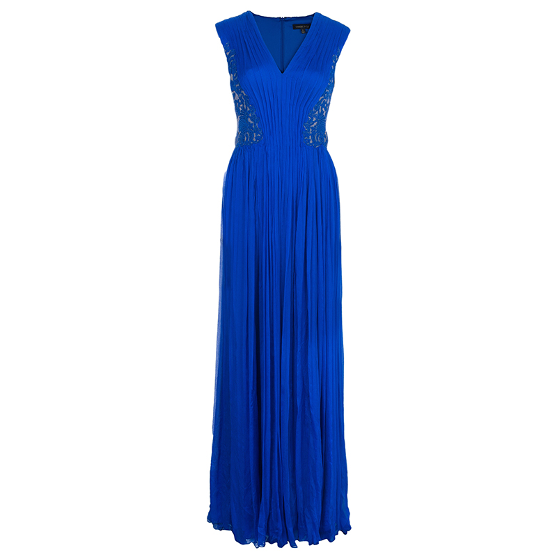 Pre Owned Tadashi Shoji Royal Blue Zardosi Embroidered Chiffon Ruched Dress S