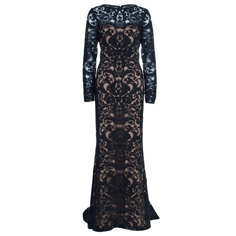 Pre Owned Tadashi Black Zardosi Embroidered Lace Dress M