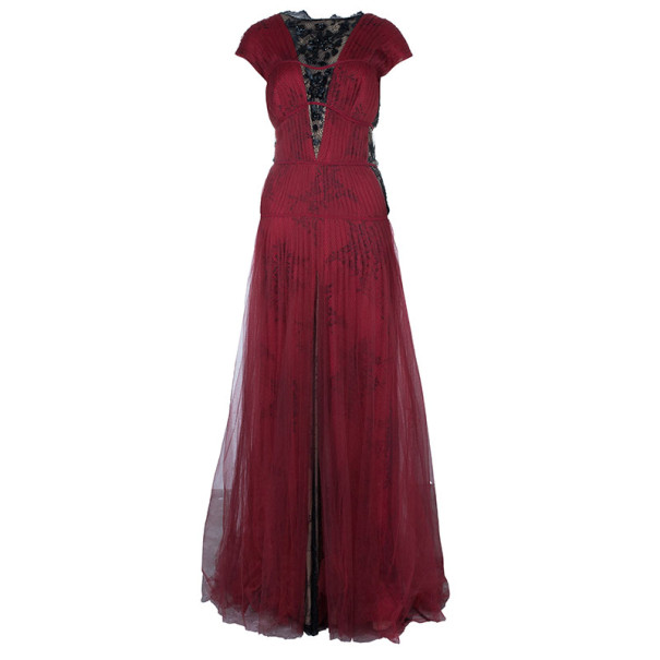 Pre Owned فستان تداشي شوجي بطيات دانتيل أحمر داكن XL