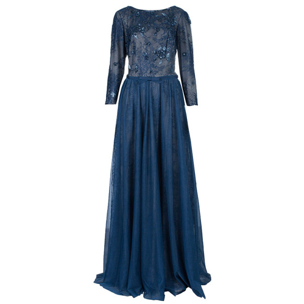 Pre Owned Tadashi Shoji Embellished Long Sleeve Lace Gown M