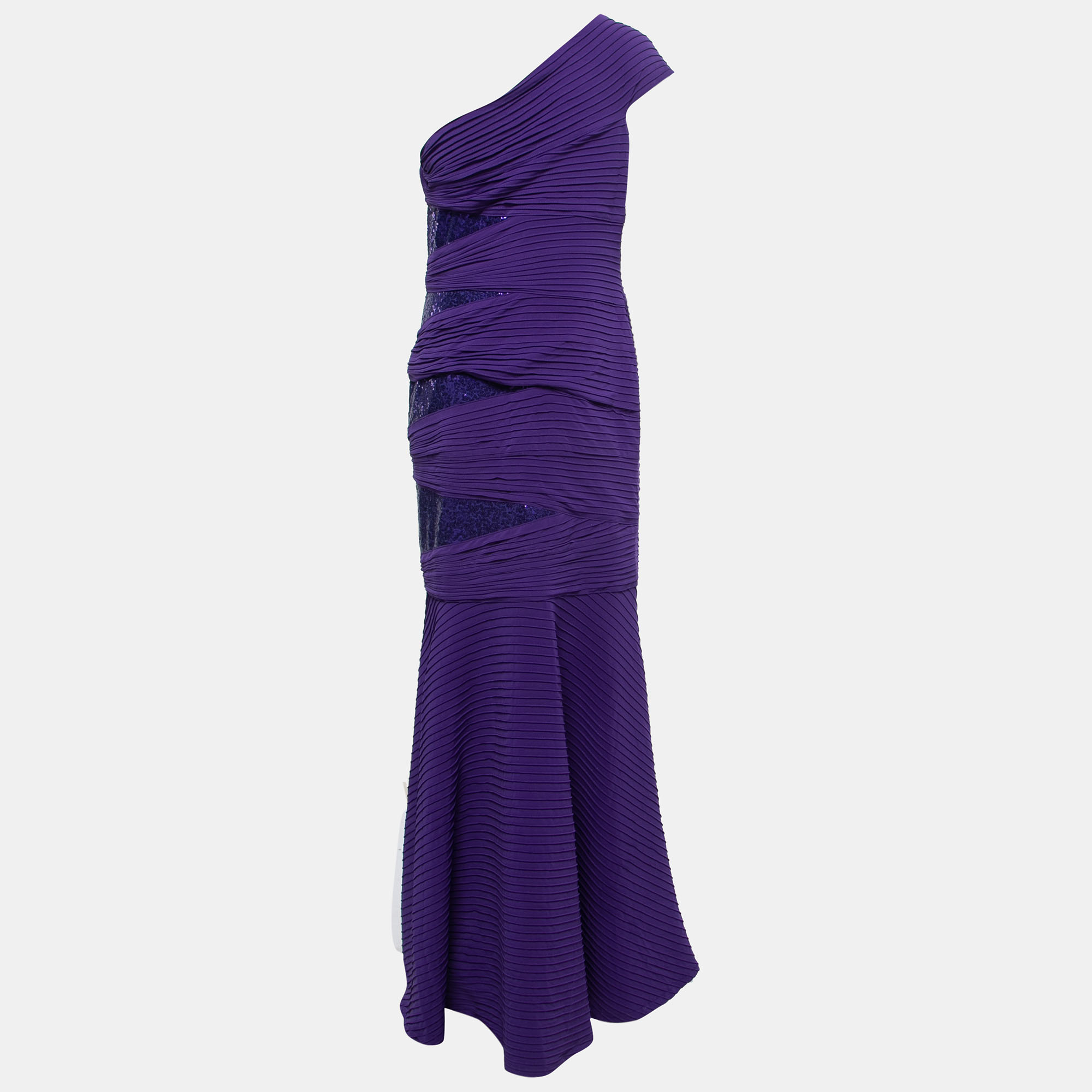 

Tadashi Shoji Purple Pintucked Jersey Jiri One Shoulder Sequin Gown