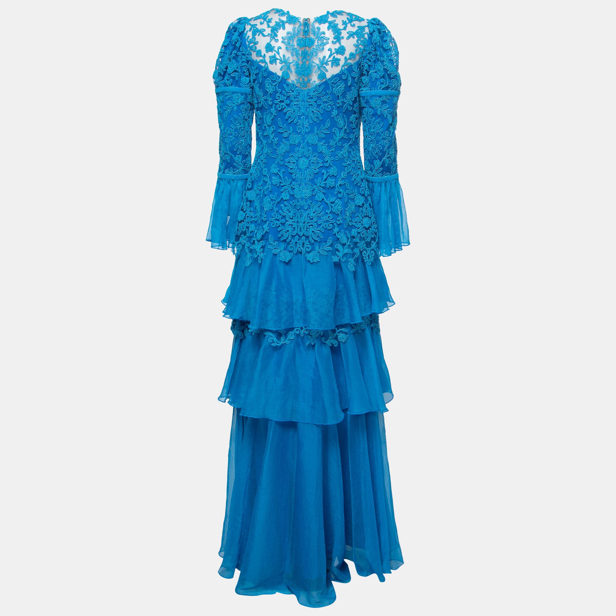 

Tadashi Shoji Cerulean Blue Corded Embroidered Tulle Tiered Moreau Gown