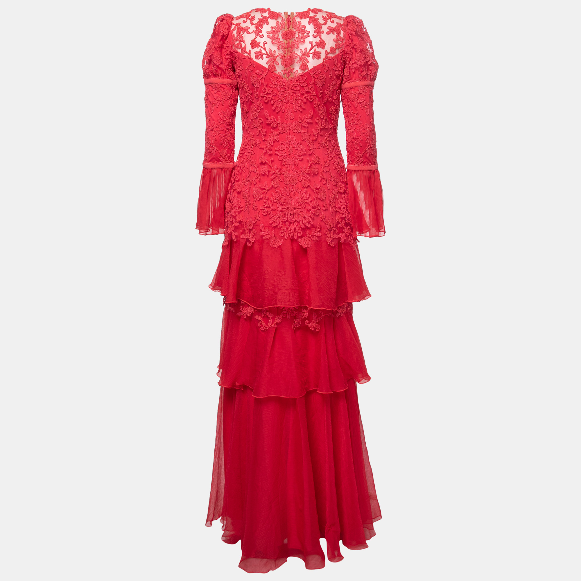 

Tadashi Shoji Pink Corded Embroidered Tulle Tiered Moreau Gown