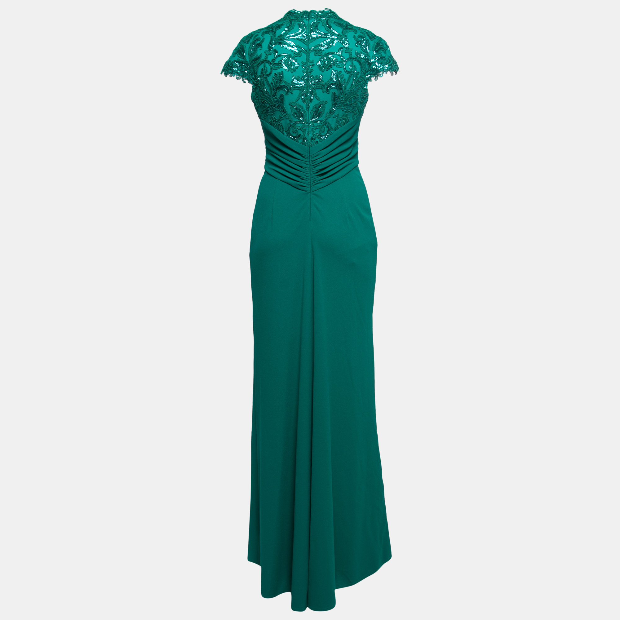 

Tadashi Shoji Emerald Green Crepe and Sequin Embellished Lace Drape Gown