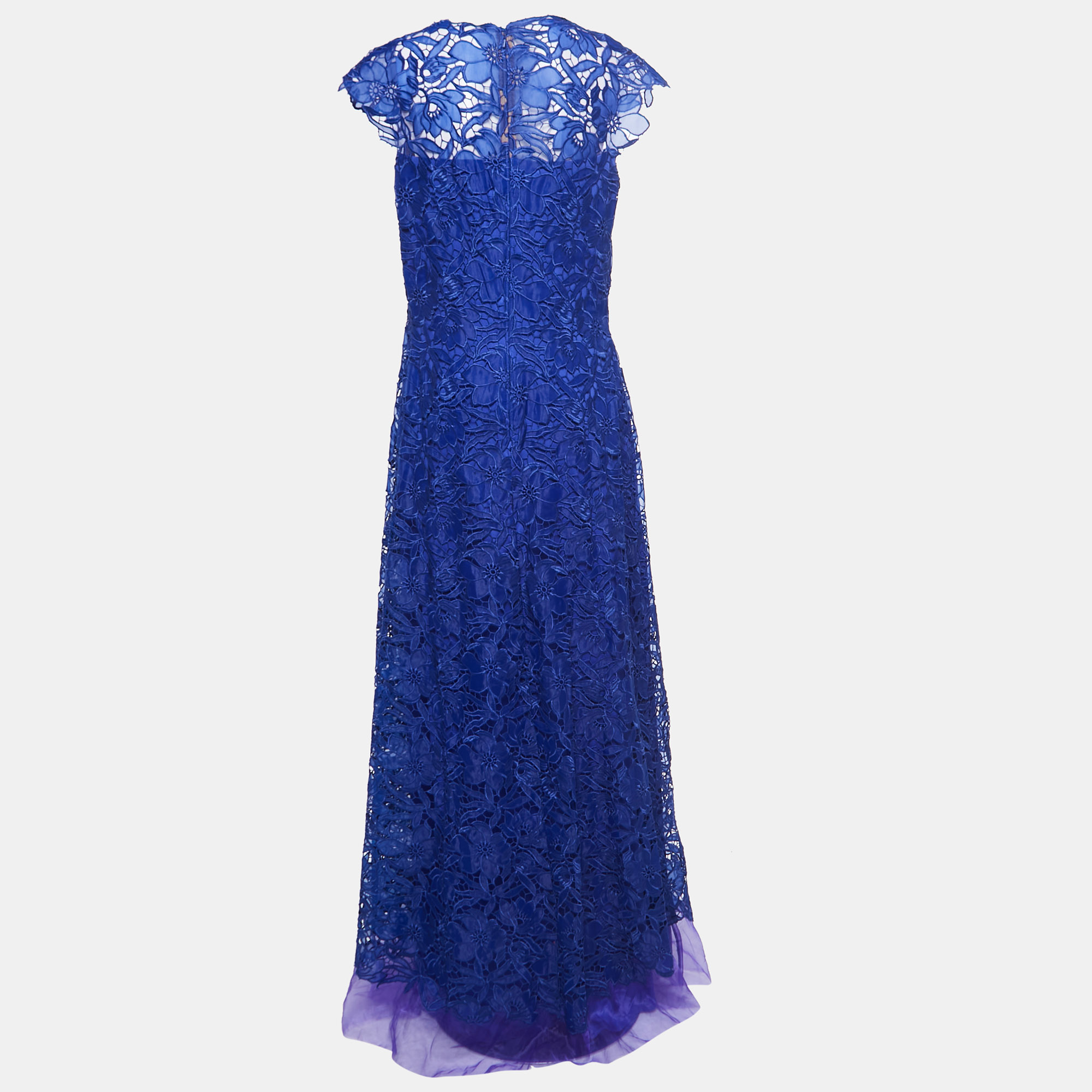 

Tadashi Shoji Royal Blue Lace Cap Sleeve Milien Evening Gown