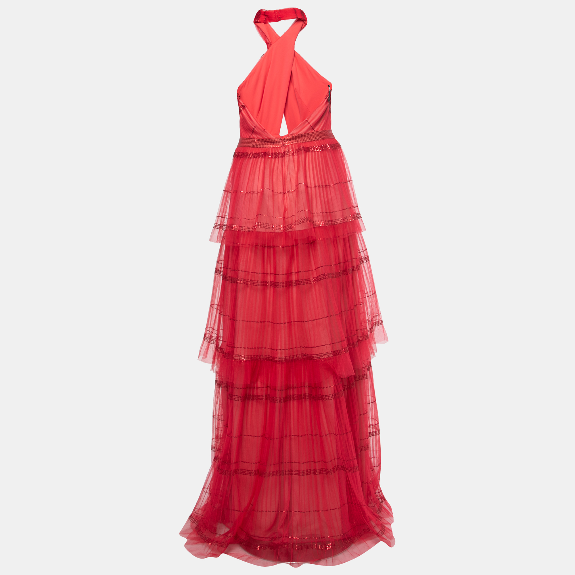 

Tadashi Shoji Red Pleated Tulle Halterneck Gown