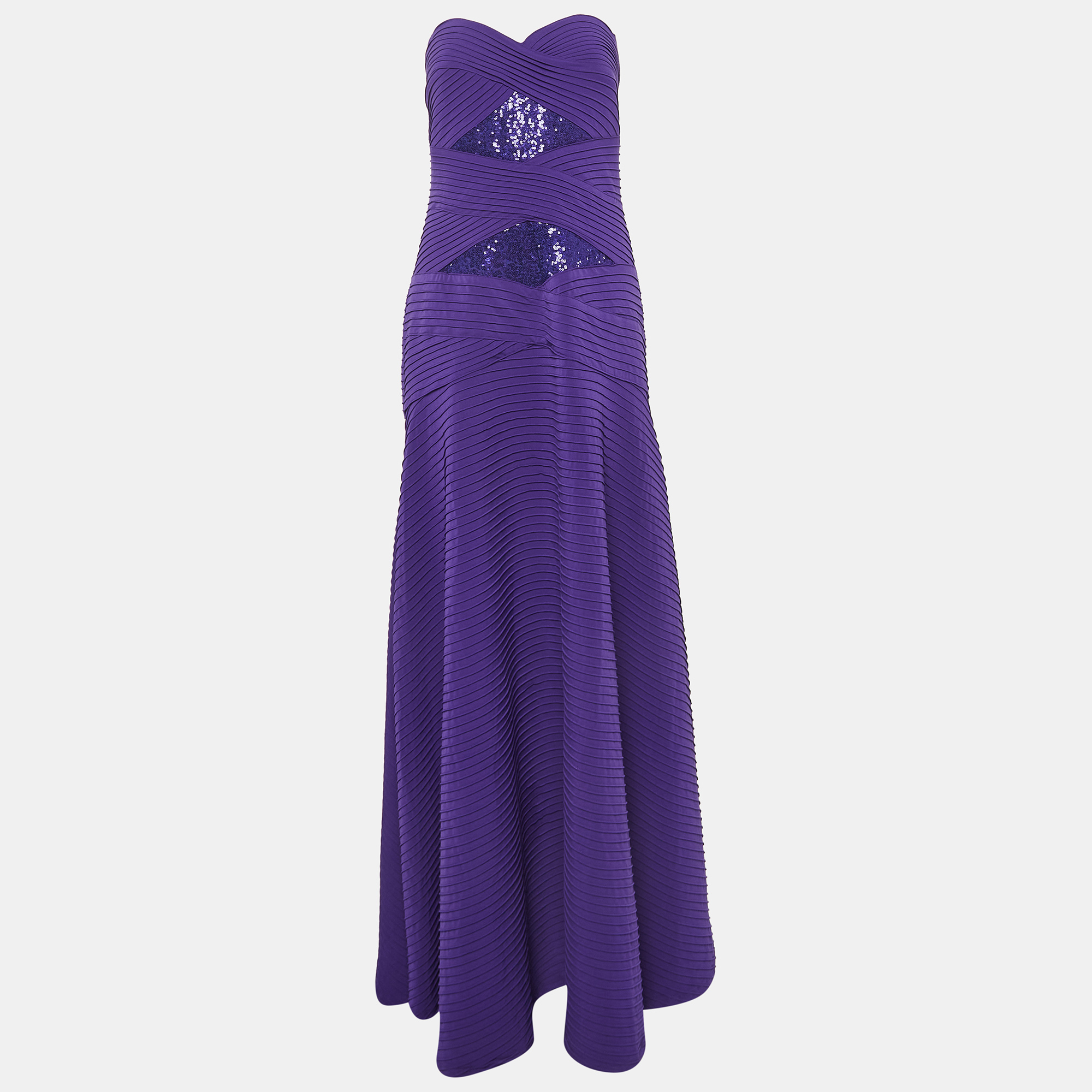 

Tadashi Shoji Purple Pin-Tucked Jersey Jovian Strapless Sequins Gown L