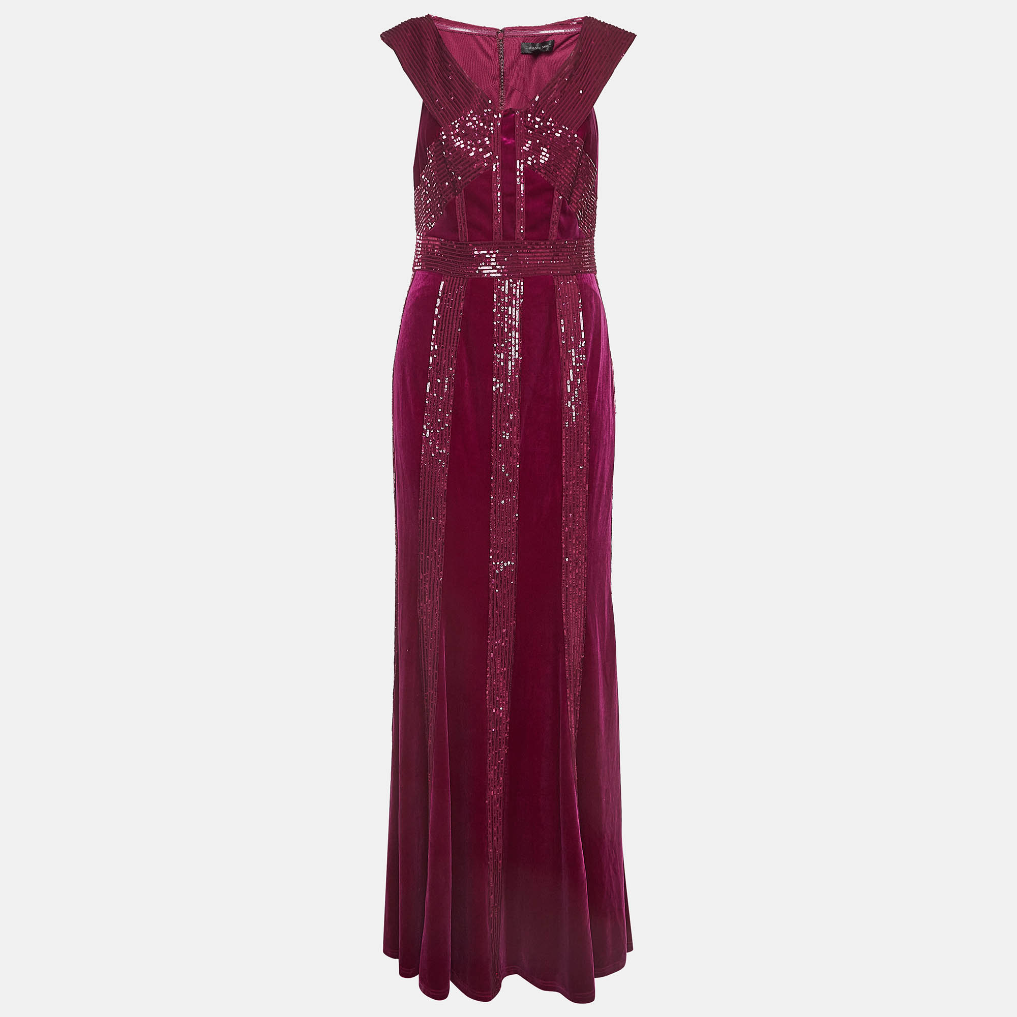 Pre-owned Tadashi Shoji Magenta Pink Velvet Knit And Sequin Rhea Gown M