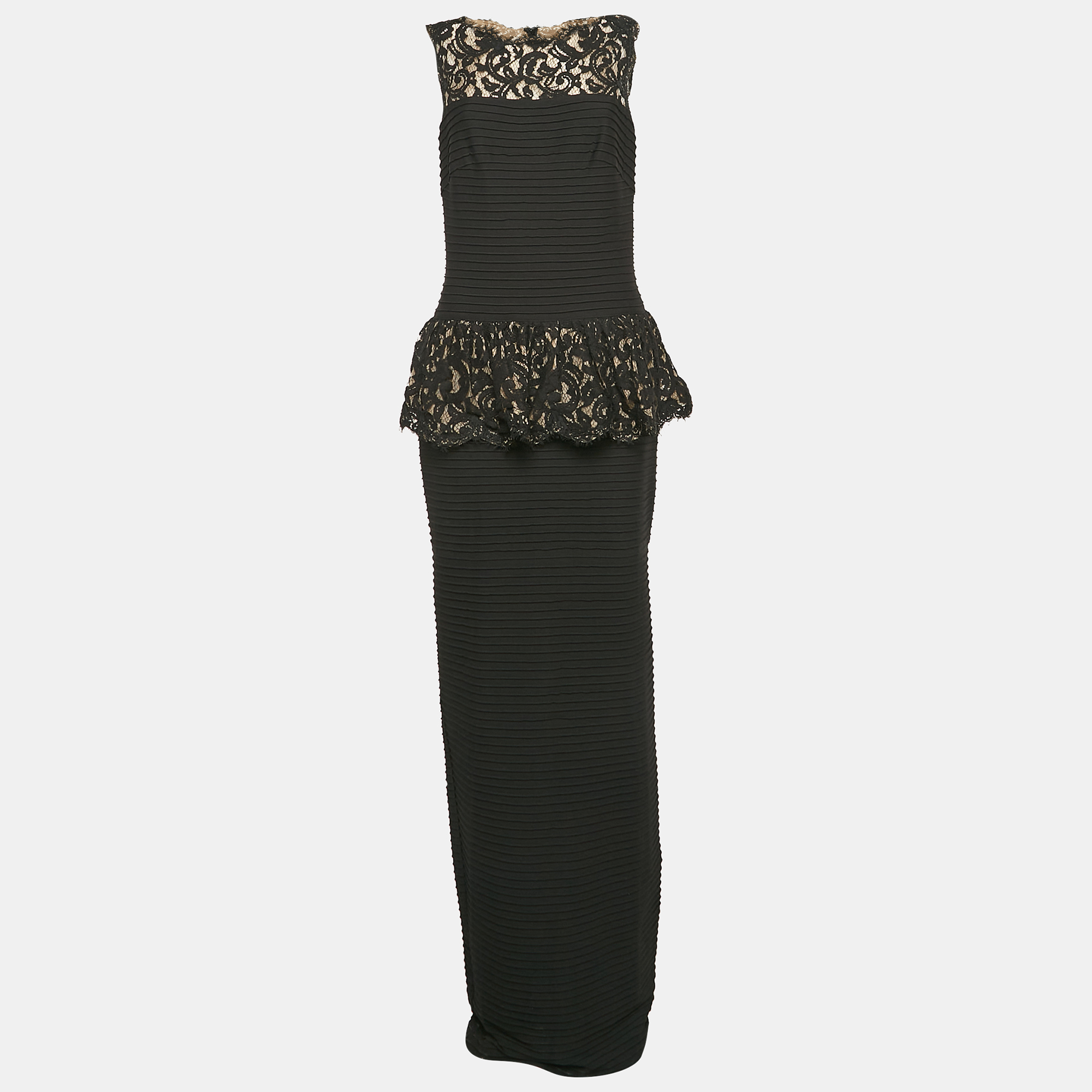 

Tadashi Shoji Black Pintuck Jersey and Lace Peplum Cocktail Gown M