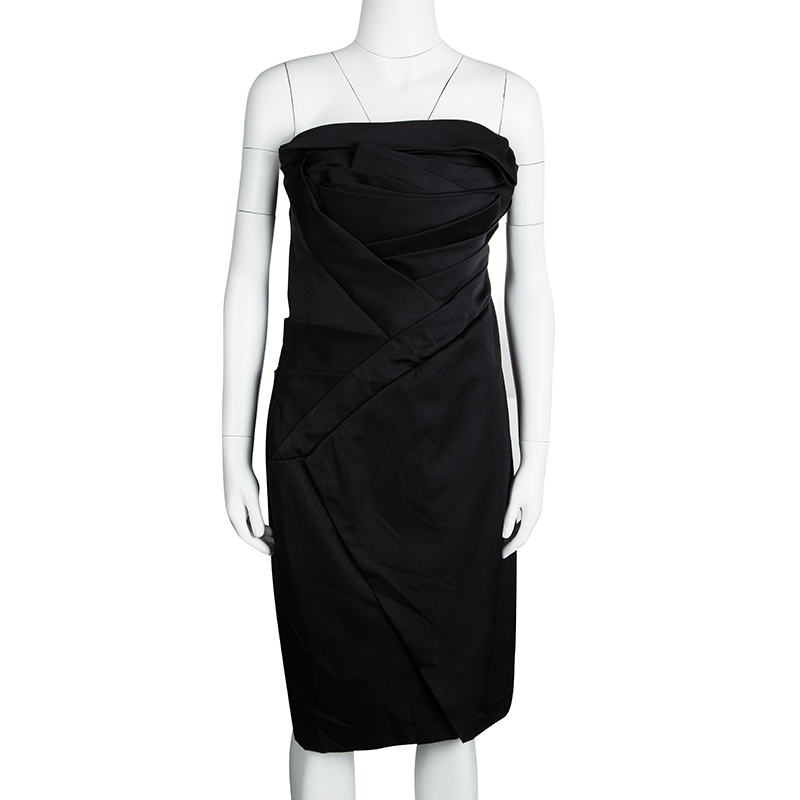 

Tadashi Shoji Black Silk Asymmetric Pleat Detail Strapless Dress