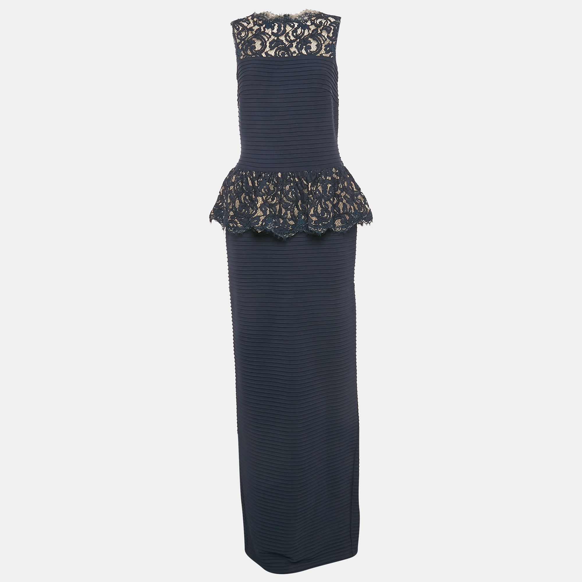 

Tadashi Shoji Navy Blue Jersey Sleeveless Lace Trimmed Gown S