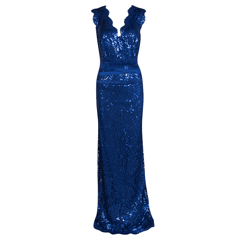 Tadashi Shoji Lapis Blue Sequin Embellished Ribbon Panel Detail Gown XL