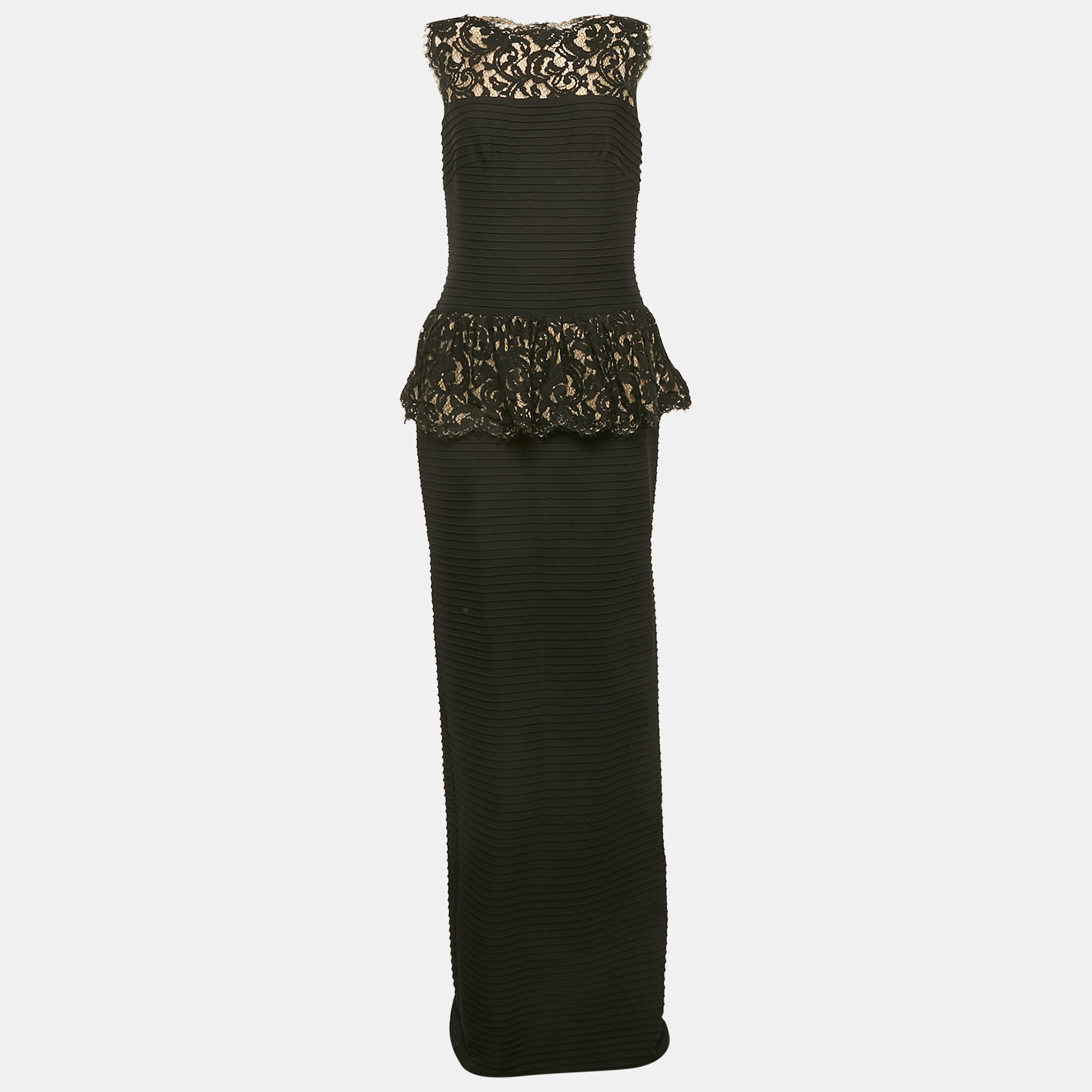 

Tadashi Shoji Black Lace and Pleated Jersey Peplum Sleeveless Gown M