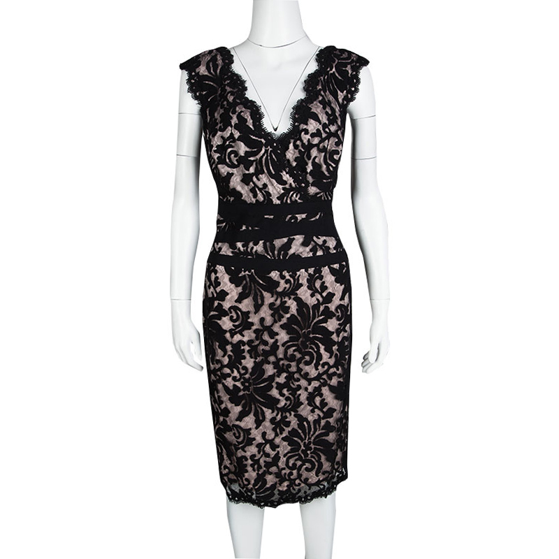 

Tadashi Shoji Black And Blush Pink Embroidered Lace Sleeveless Dress