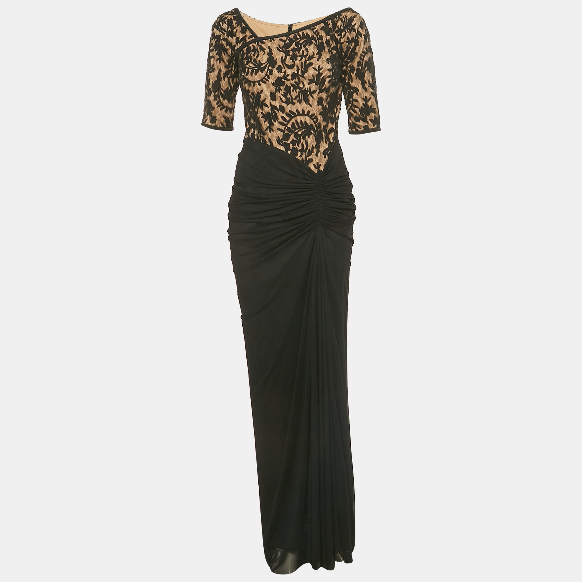 Tadashi Shoji Black Tulle and Lace Ruched Gown M