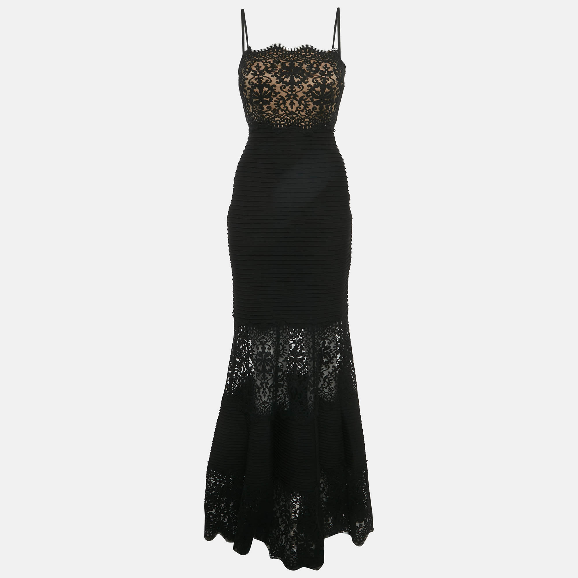 

Tadashi Shoji Black lace and Jersey Pintuck Detail Gown XS
