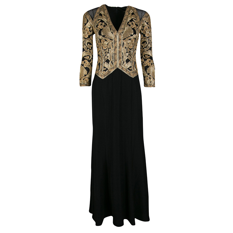 مملوكة مسبقًا Tadashi Shoji Black and Gold Cord Embroidered Long Sleeve Trompe L'oeil Gown XS