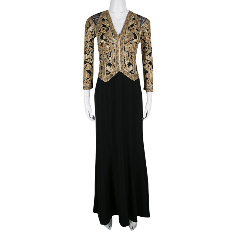 

Tadashi Shoji Black and Gold Cord Embroidered Long Sleeve Trompe L'oeil Gown