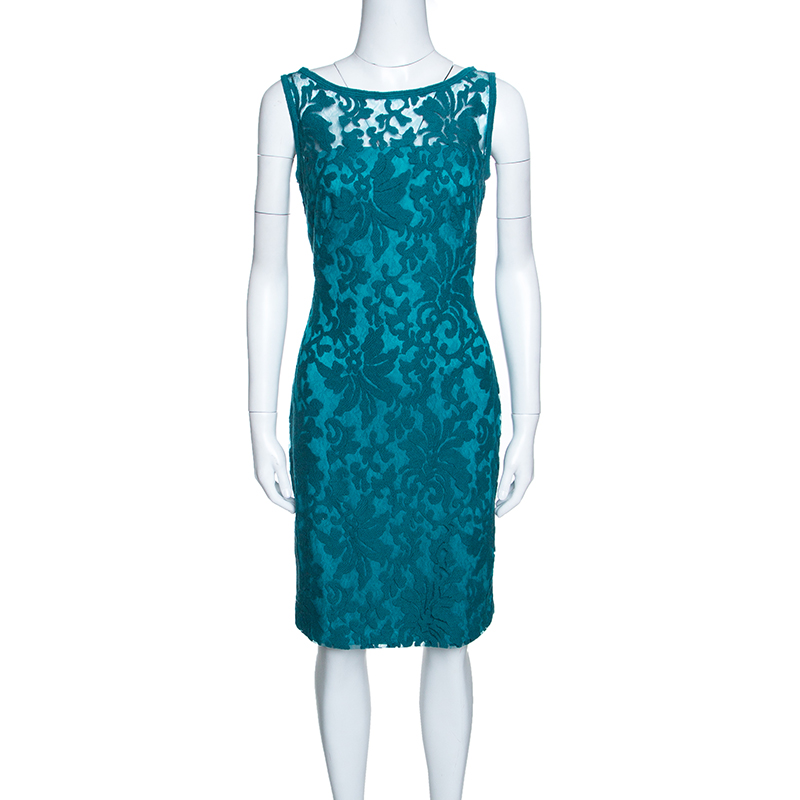 Tadashi Shoji Emerald Green Tulle Floral Embroidered Sleeveless Dress S