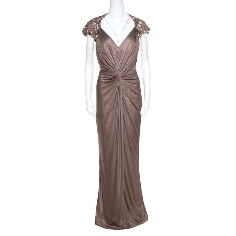 Tadashi Shoji Brown Draped Knit Cutout Back Detail Embellished Gown L ...