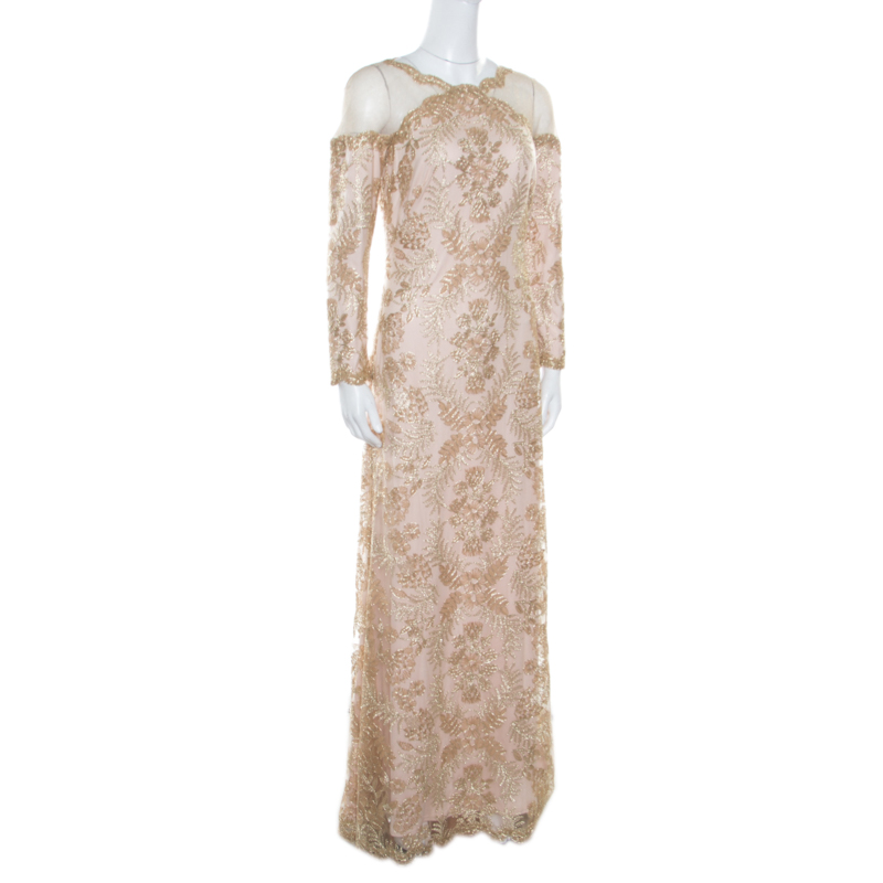 

Tadashi Shoji Light Gold Metallic Cord Embroidered Detail Tulle Evening Gown