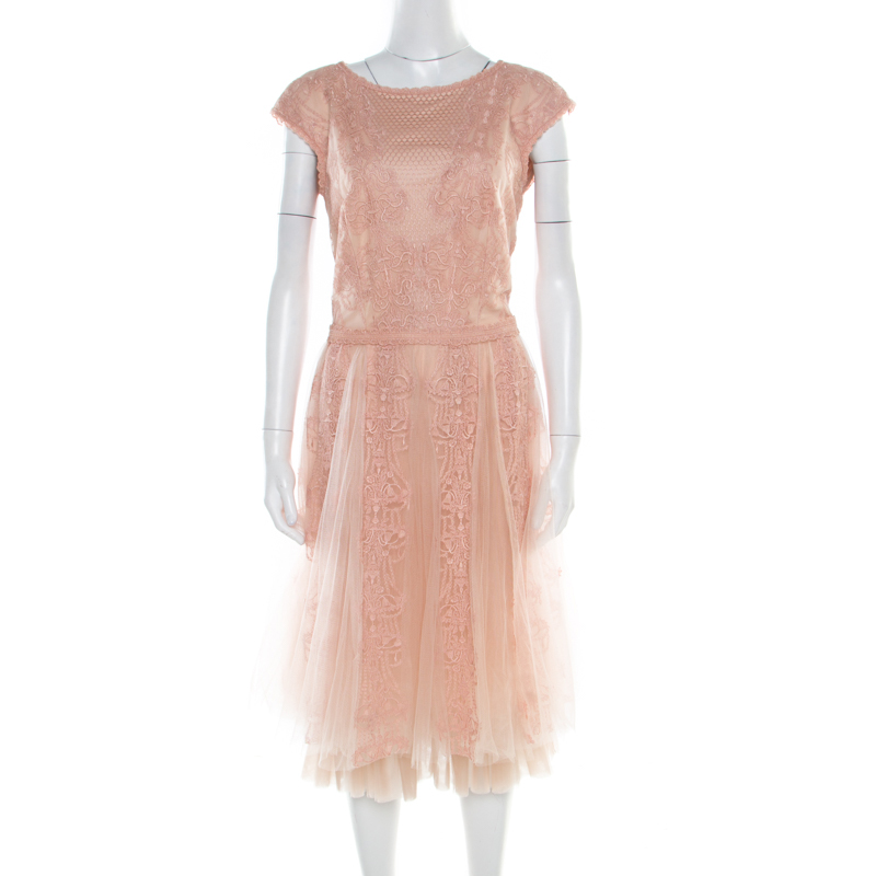 

Tadashi Shoji Peach Floral Lace Overlay Sleeveless Layered Tulle Dress, Pink