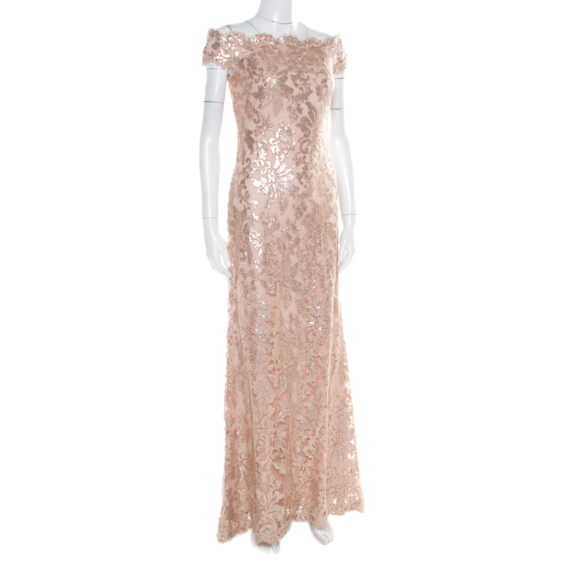 Pre-owned Tadashi Shoji Blush Pink Sequined Off Shoulder Evening Gown S In Gold
