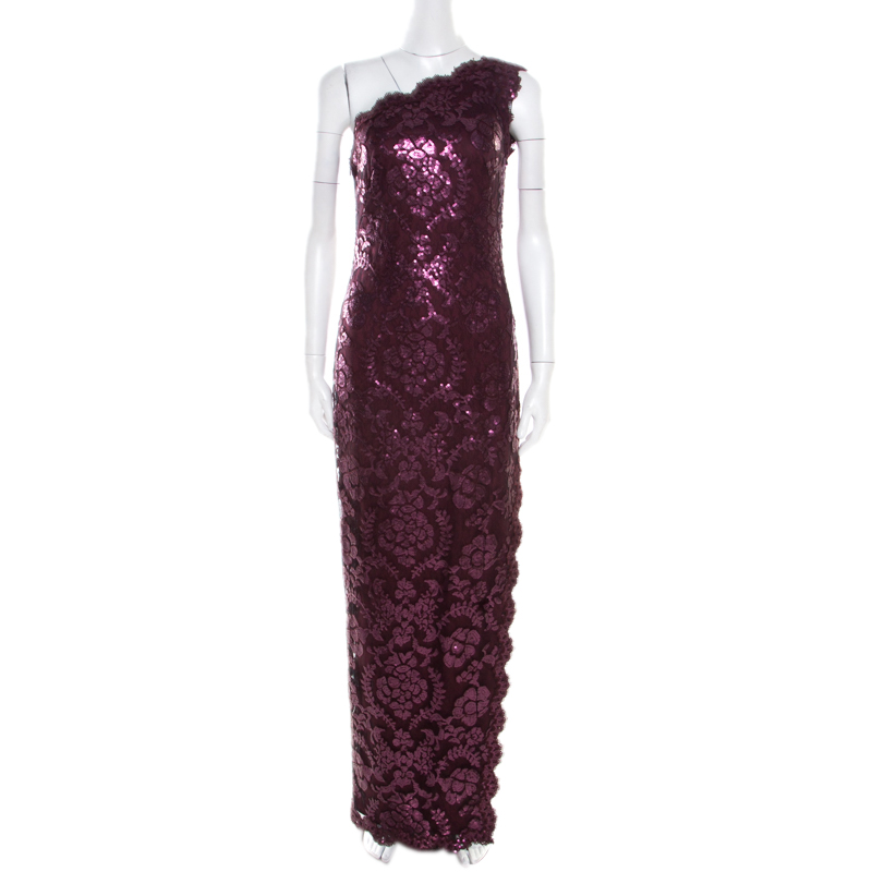 Tadashi Shoji Auburn Sequined Lace Scalloped Edge One Shoulder Gown S